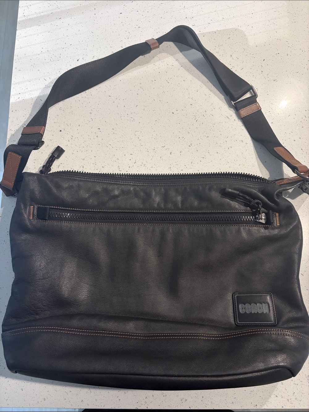 Coach Black Leather Messenger Bag with Brown Trim